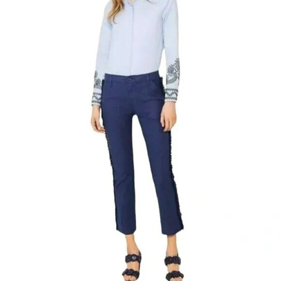 Tory Burch | Fringe Trim Side Stripe Cropped Chino Pants Navy Sea Size 27 - Picture 2 of 15